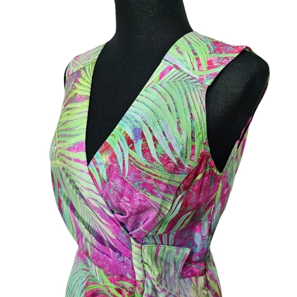 Nanette Lepore Palm Paradise Printed Silk Sleeveless Ruched V-Neck Dress Size 2 - Picture 10 of 16